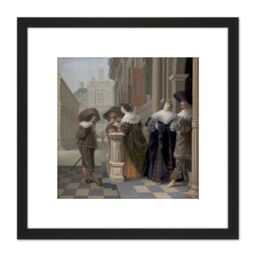 Artery8 Van Delen Conversation Outside Castle Painting 8X8 Inch Square Wooden Framed Wall Art Print Picture with Mount in Black - thumbnail 1