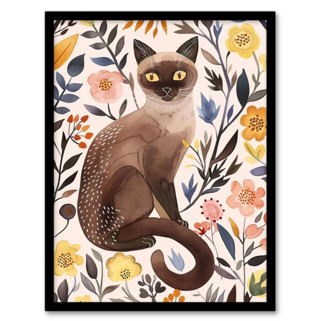 "Artery8 Burmese Cat Lover Watercolour Wildflower Portrait Framed Wall Art - Size: W12"" x H16""" - image 1