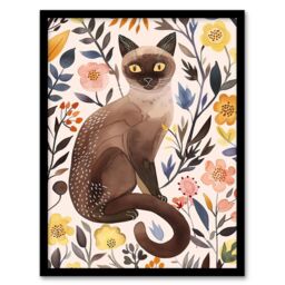 "Artery8 Burmese Cat Lover Watercolour Wildflower Portrait Framed Wall Art - Size: W12"" x H16""" - thumbnail 1