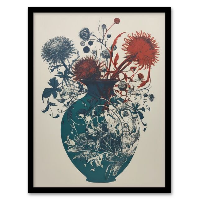 Artery8 Wall Art Print Abstract Thistle Flowers Artistic Linocut Painting Teal Blue Red Scottish Bouquet Nature Colourful Bright Floral Modern - image 1