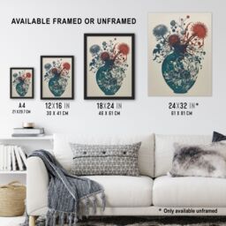 Artery8 Wall Art Print Abstract Thistle Flowers Artistic Linocut Painting Teal Blue Red Scottish Bouquet Nature Colourful Bright Floral Modern - thumbnail 3
