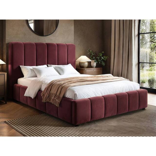 Solace+Co Emilie Ribbed Ottoman Bed Burgundy Velvet - Size: Double - image 1