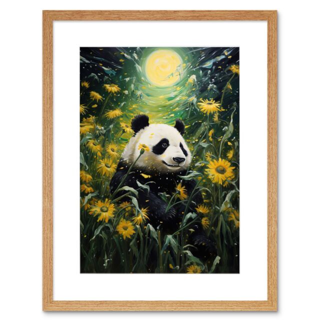 Artery8 Wall Art Print Midsummer Night's Panda Dream Oil Painting Panda Bear in a Full Moon Sunflower Field Landscape Kids Bedroom Artwork Framed 9X7 - image 1
