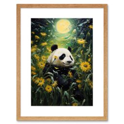 Artery8 Wall Art Print Midsummer Night's Panda Dream Oil Painting Panda Bear in a Full Moon Sunflower Field Landscape Kids Bedroom Artwork Framed 9X7 - thumbnail 1