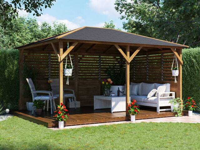 Dunster House Wooden Gazebo with Louvre Wall & Shingles 4m x 3m - Utopia in Brown - image 1