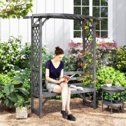 OUTSUNNY Arch Pergola Garden Bench, Wooden Garden Arbour with Seat in Grey - thumbnail 1