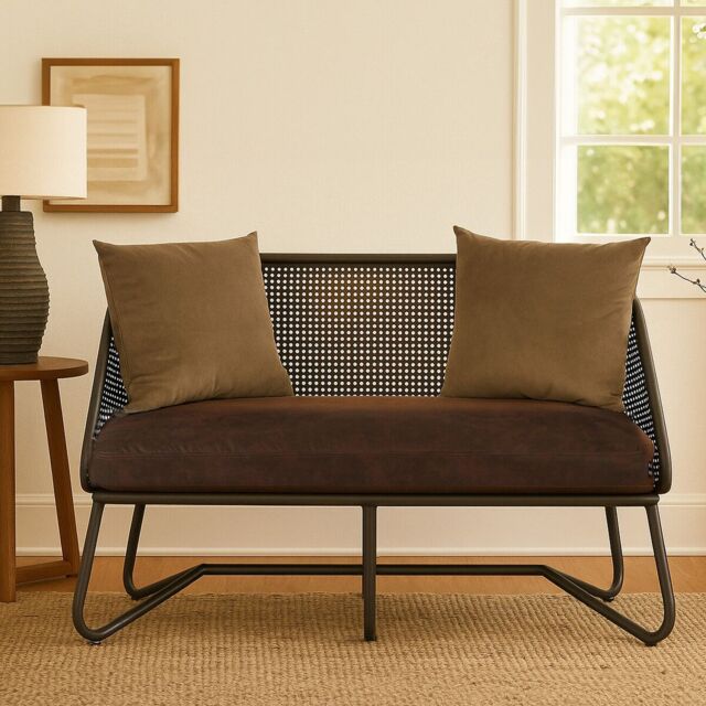 Orsina 2 Seat Sofa With Curved Legs, Faux Upholstered Couch With Open Lattice Backrest, Two Seater Sofa For Patio in Brown - image 1