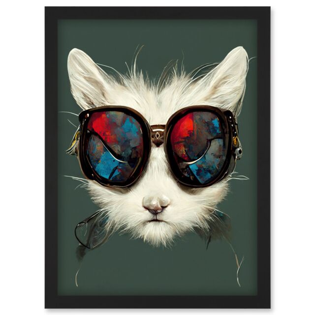 Artery8 White Cat Head With Aviator Sunglasses Painting Artwork Framed Wall Art Print A4 in Black - image 1