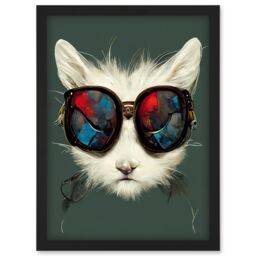 Artery8 White Cat Head With Aviator Sunglasses Painting Artwork Framed Wall Art Print A4 in Black - thumbnail 1