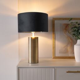 ValueLights Lexy Gold Touch Table Lamp with Velvet Drum with Gold Inner Lamp Shade & Bulb in Black