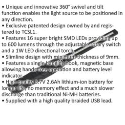 Loops Slimline Swivel Inspection Light - 16 SMD & 1W SMD LED - Rechargeable - Black - thumbnail 2