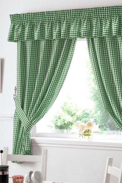 Gingham Green Checkered Taped Curtains With Tie Backs