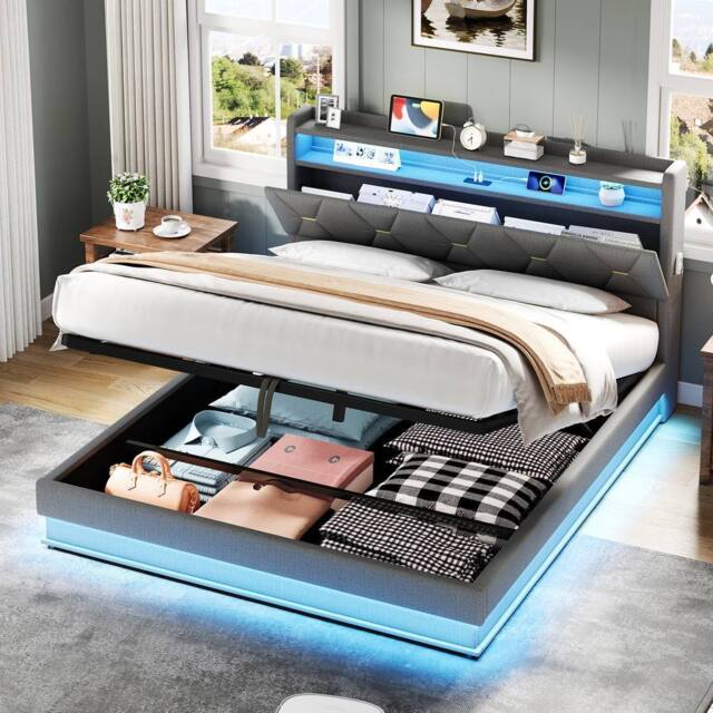 BTM Upholstered Bed with Hydraulic Storage & LED Charging Headboard in Grey - Size: Double
