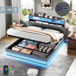 BTM Upholstered Bed with Hydraulic Storage & LED Charging Headboard in Grey - Size: Double - thumbnail 7