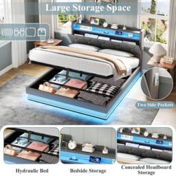 BTM Upholstered Bed with Hydraulic Storage & LED Charging Headboard in Grey - Size: Double - thumbnail 5