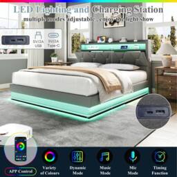 BTM Upholstered Bed with Hydraulic Storage & LED Charging Headboard in Grey - Size: Double - thumbnail 8