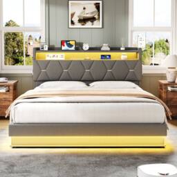 BTM Upholstered Bed with Hydraulic Storage & LED Charging Headboard in Grey - Size: Double - thumbnail 4