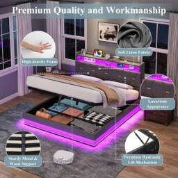BTM Upholstered Bed with Hydraulic Storage & LED Charging Headboard in Grey - Size: Double - thumbnail 6