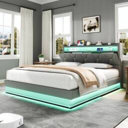 BTM Upholstered Bed with Hydraulic Storage & LED Charging Headboard in Grey - Size: Double - thumbnail 3