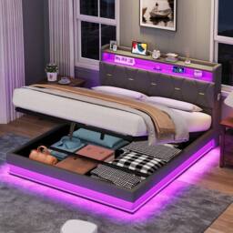 BTM Upholstered Bed with Hydraulic Storage & LED Charging Headboard in Grey - Size: Double - thumbnail 2