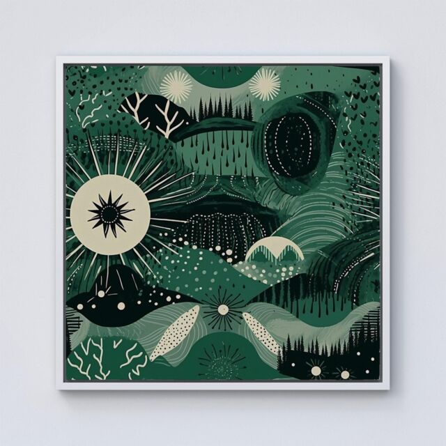 Warren Reed - Designer Abstract Green Moon Framed Canvas in Off-White - Size: w40 inch x h40 inch - image 1