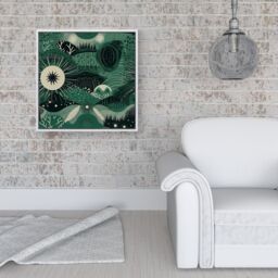 Warren Reed - Designer Abstract Green Moon Framed Canvas in Off-White - Size: w40 inch x h40 inch - thumbnail 2