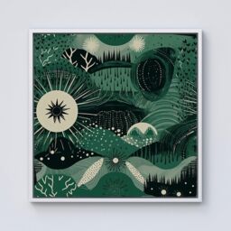 Warren Reed - Designer Abstract Green Moon Framed Canvas in Off-White - Size: w40 inch x h40 inch - thumbnail 1
