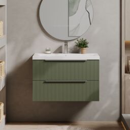 Balterley Fluted Wall Hung 2 Drawer Vanity Basin Unit & Basin 800mm, Satin Green - thumbnail 2