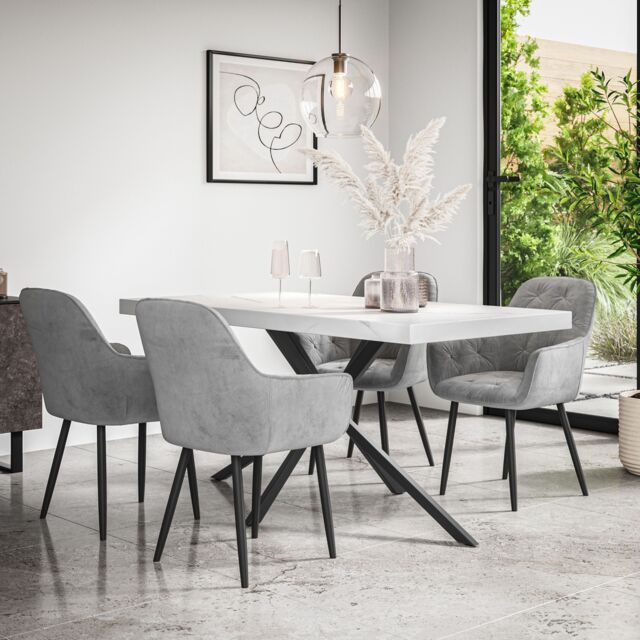 More4Homes Donni Dining Table & Chairs - White Marble Effect Table Top w Black Legs + Anika Velvet Dining Chair Set Of 6 in Grey - image 1