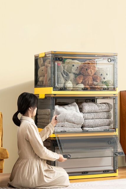 Living and Home 3Pcs Collapsible Storage Box Large Size Stackable Clear Plastic Storage Box With Wheel in Yellow - image 1