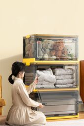 Living and Home 3Pcs Collapsible Storage Box Large Size Stackable Clear Plastic Storage Box With Wheel in Yellow - thumbnail 1