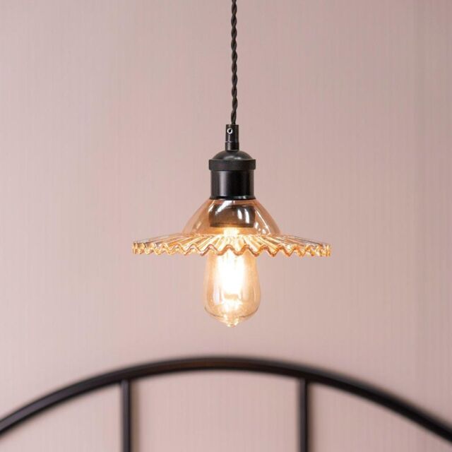 ValueLights Lucrezia Pendant Light with Frilled Glass Lamp Shade in Amber - Size: 9 inches - image 1