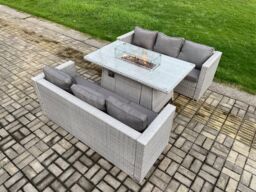 Fimous Outdoor Garden Dining Sets Rattan Furniture Gas Fire Pit Dining Table Gas Heater Light Grey - thumbnail 3