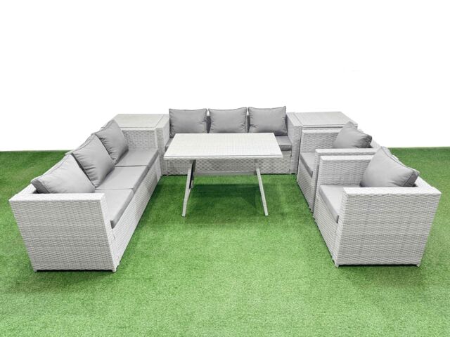 Fimous 8 Seater Garden Furniture Set PE Ratten Garden Sofa Set 2 Side Tables in Light Grey - image 1