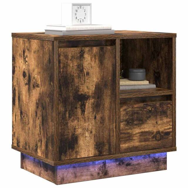 Berkfield Home Traditional Bedside Cabinet with LED Lights Smoked Oak 50x34, 5x50 cm in Brown - image 1