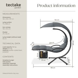 tectake Hanging Chair Elaria - large sun canopy with UV-protection, sturdy in Grey - Size: 1 Seater - thumbnail 6
