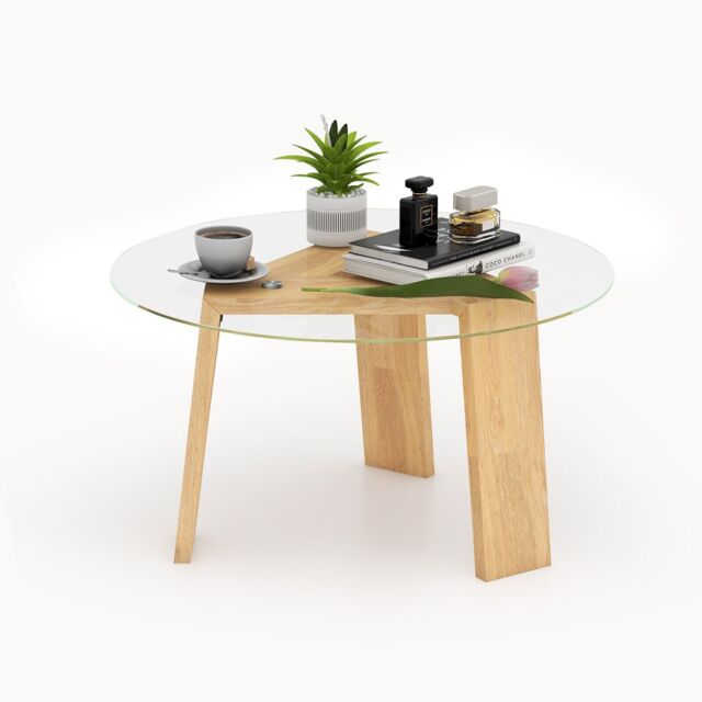 Costway Round Coffee Table Modern Center Table with Tempered Glass Top & Rubber Wood Legs in Natural - image 1