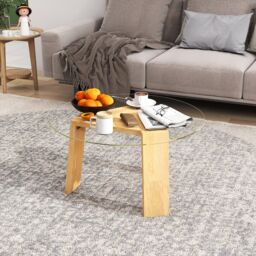 Costway Round Coffee Table Modern Center Table with Tempered Glass Top & Rubber Wood Legs in Natural - thumbnail 4