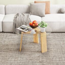 Costway Round Coffee Table Modern Center Table with Tempered Glass Top & Rubber Wood Legs in Natural - thumbnail 3