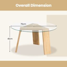 Costway Round Coffee Table Modern Center Table with Tempered Glass Top & Rubber Wood Legs in Natural - thumbnail 2