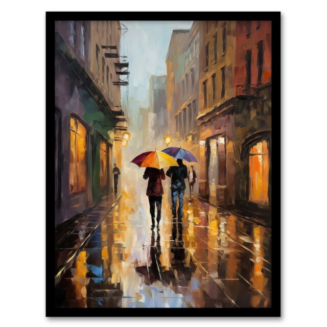 Artery8 Wall Art Print The Yellow Brolly Colourful Oil Painting Couple On Romantic Walk Umbrellas Rainy Afternoon Bedroom Art Framed - Size: A4 - image 1