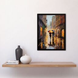 Artery8 Wall Art Print The Yellow Brolly Colourful Oil Painting Couple On Romantic Walk Umbrellas Rainy Afternoon Bedroom Art Framed - Size: A4 - thumbnail 4