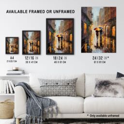 Artery8 Wall Art Print The Yellow Brolly Colourful Oil Painting Couple On Romantic Walk Umbrellas Rainy Afternoon Bedroom Art Framed - Size: A4 - thumbnail 3