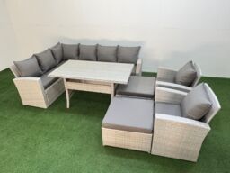 Fimous 10 Seater Rattan Garden Furniture Set Table 2 Chairs Big Footstools in Light Grey - thumbnail 1