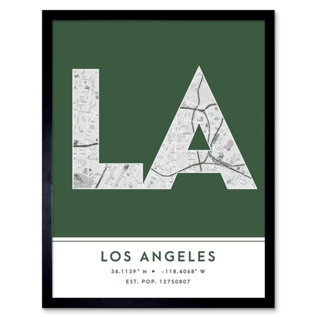 "Wee Blue Coo Wall Art Print Los Angeles California United States City Map Modern Typography Stylish Letter Framed Word in Green - Size: W12"" x H16""" - image 1