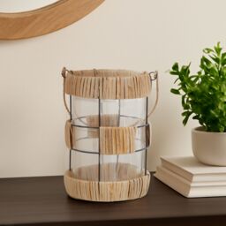 Orsina Natural Rattan Large Lantern, Rustic & Stylish Glass Lantern, Black Metal & Clear Glass Candle Lantern