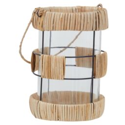 Orsina Natural Rattan Large Lantern, Rustic & Stylish Glass Lantern, Black Metal & Clear Glass Candle Lantern - thumbnail 2