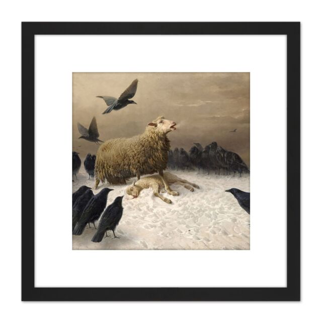 Artery8 Schenck Anguish Sheep Ewe Crows Carrion Painting 8X8 Inch Square Wooden Framed Wall Art Print Picture with Mount in Black - image 1