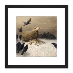 Artery8 Schenck Anguish Sheep Ewe Crows Carrion Painting 8X8 Inch Square Wooden Framed Wall Art Print Picture with Mount in Black - thumbnail 1