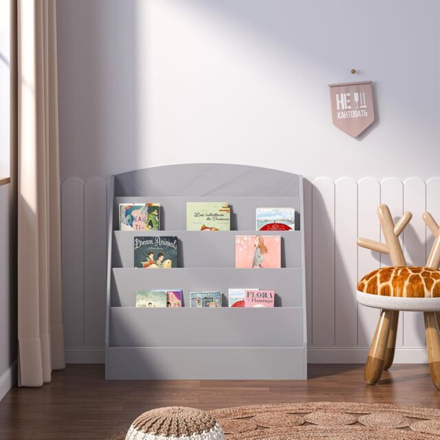 Xample Kids Bookshelf Storage 5 Tier Kids Sling Storage Fabric Sling Book Case Shelves in Grey - image 1